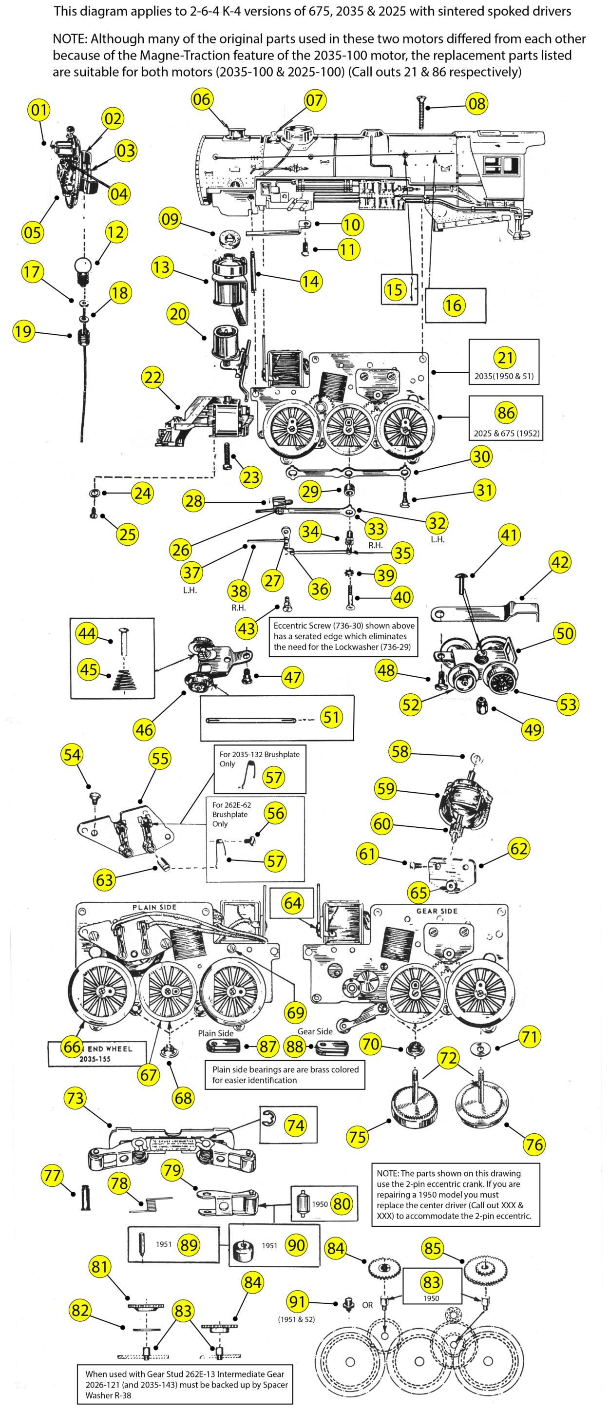 Lionel 675, 2025 & 2035 Parts List and Exploded Parts Diagram