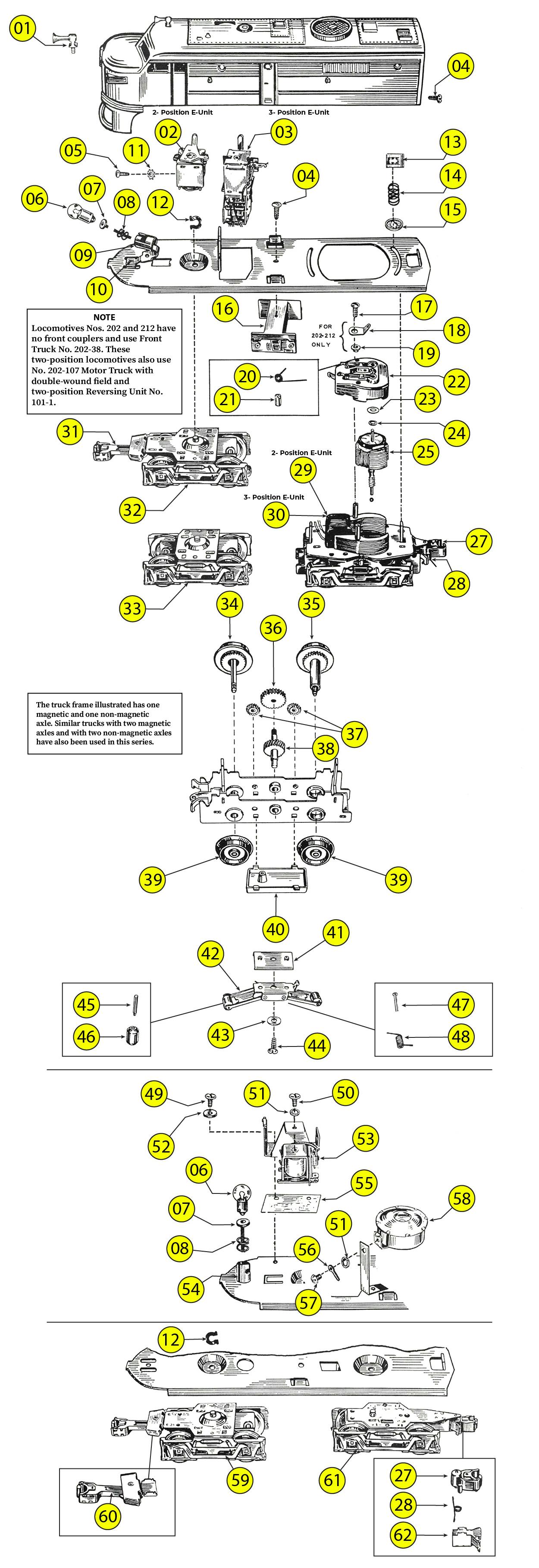 Lionel 200 Series parts list and detailed exploded view diagrams